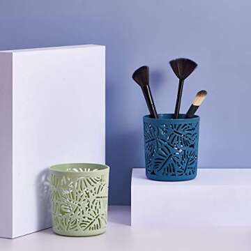 Carriecur Desktop Office Storage Organizer Creative Round Hollow Leaves Tropical Palm Leaves Design Pen Pencil Holder Organizer Basket-2 Pcs(Green)