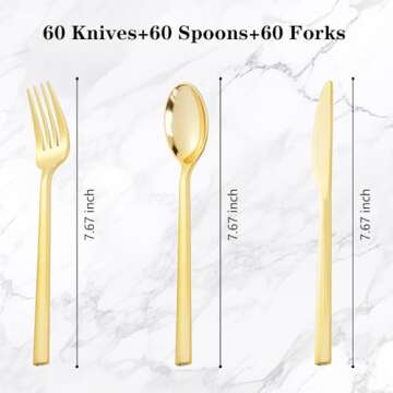 Rubtlamp 180 Pcs Gold Plastic Silverware - Disposable Plastic Utensils - Heavy Duty Plastic Forks An...