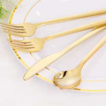 Rubtlamp 180 Pcs Gold Plastic Silverware - Disposable Plastic Utensils - Heavy Duty Plastic Forks And Spoons - Gold Plastic Cutlery Set Include 60 Forks, 60 Knives And 60 Spoons for Christmas Party