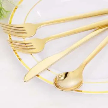 Rubtlamp 180 Pcs Gold Plastic Silverware - Disposable Plastic Utensils - Heavy Duty Plastic Forks And Spoons - Gold Plastic Cutlery Set Include 60 Forks, 60 Knives And 60 Spoons for Christmas Party