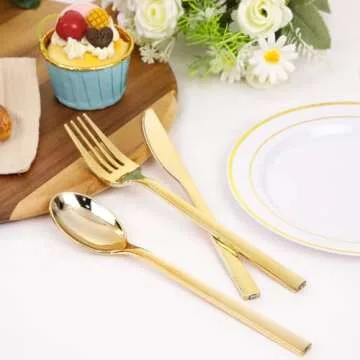 Rubtlamp 180 Pcs Gold Plastic Silverware - Disposable Plastic Utensils - Heavy Duty Plastic Forks And Spoons - Gold Plastic Cutlery Set Include 60 Forks, 60 Knives And 60 Spoons for Christmas Party
