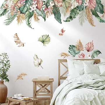 decalmile Tropical Leaves Wall Decals Green Plants Leaf Wall Stickers Living Room Bedroom Office Wall Decor
