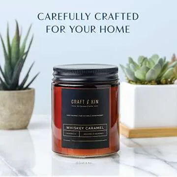 Craft & Kin Scented Candles for Men | Premium Whiskey Caramel Candle | All-Natural Scent for Home | Long Lasting with 45 Hour Burn Time, 8oz