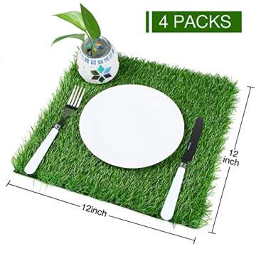 XLX TURF 12X12 Artificial Grass Table Placemats 4 Pack, Green Fake Grass Patch Square Tiles Table Ru...