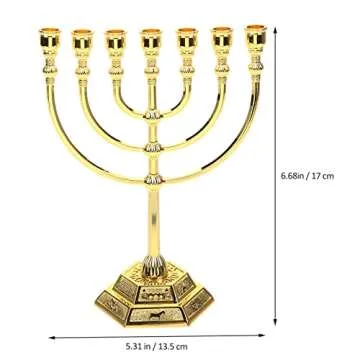 FOMIYES 7 Branch Menorah Candle Holder Hanukkah Candle Stand Jerusalem Candlestick Centerpiece for Jewish Holiday Party Decor Golden 17x13.5cm