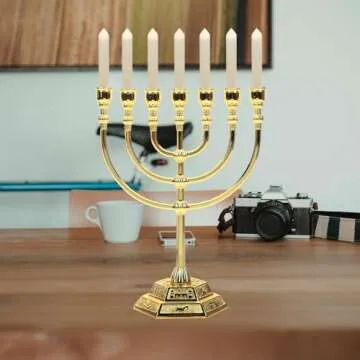 FOMIYES 7 Branch Menorah Candle Holder Hanukkah Candle Stand Jerusalem Candlestick Centerpiece for Jewish Holiday Party Decor Golden 17x13.5cm