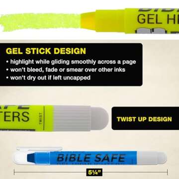 U.S. Office Supply Bible Safe Gel Highlighters, 6 Pack Set - 6 Different Bright Neon Fluorescent Highlight Colors Yellow, Orange, Pink, Purple, Green, Blue - Won't Bleed, Fade or Smear - Study Guide