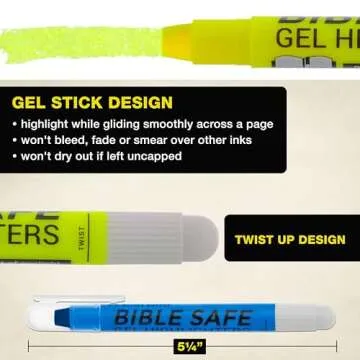 U.S. Office Supply Bible Safe Gel Highlighters, 6 Pack Set - 6 Different Bright Neon Fluorescent Highlight Colors Yellow, Orange, Pink, Purple, Green, Blue - Won't Bleed, Fade or Smear - Study Guide