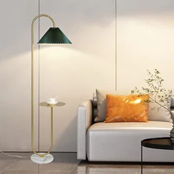 beaysyty Modern Elegant with Tray Floor Lamp for Office Cafe Den Living Room Bedroom, Foot Switch and Brass/Gold Finish,Dark Green Pleated Cloth Lampshade