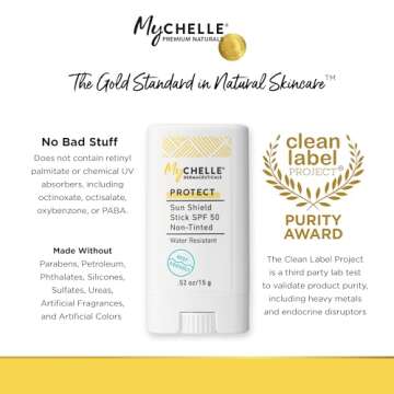 Mychelle Dermaceuticals Sun Shield Stick Spf 50 Non-Tinted - Natural Liquid Zinc Sunscreen Vitamin E and Jojoba - Water Resistant up to 80 Minutes - Sunscreen for Face, Reef Safe, Safe for Children