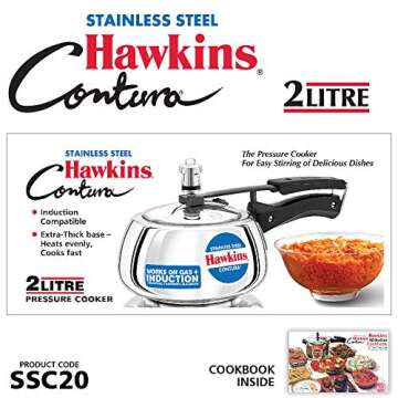 Hawkins 2 Litre Contura Pressure Cooker, Stainless Steel Inner Lid Cooker, Handi Cooker, Induction C...