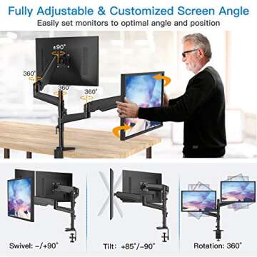 HUANUO Dual Monitor Mount Stand - Aluminum Gas Spring Arm Height Adjustable Monitor Desk Mount VESA Bracket for Two 17 to 32 Inch Flat / Curved LCD Computer Screens with C Clamp, Grommet Base, Black