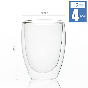 Elegant 12oz Double-Walled Glass Cups - 4 Pack