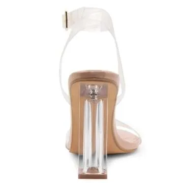 Shoe Land Womens SL-Cllaary Clear Heels Open Toe Ankle Strap Chunky Block Heeled Sandals Dress Pump Wedding Party Shoes, ClearNude, Size 8.0