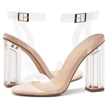 Shoe Land Womens SL-Cllaary Clear Heels Open Toe Ankle Strap Chunky Block Heeled Sandals Dress Pump Wedding Party Shoes, ClearNude, Size 8.0