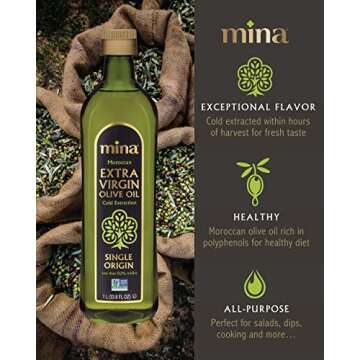Mina Olive Oil Extra Virgin 33.8 Fl Oz, New Harvest, Polyphenol Rich Olive Oil for Cooking, Moroccan...