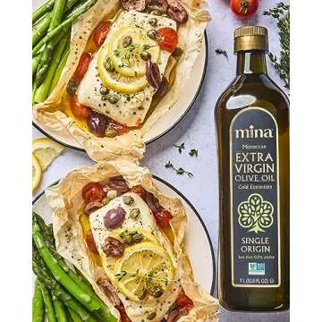 Mina Olive Oil Extra Virgin 33.8 Fl Oz, New Harvest, Polyphenol Rich Olive Oil for Cooking, Moroccan Extra Virgin Olive Oil, Single Origin Olive Oil, Cold Extraction, Less than 0.2% Acidity, 1 L