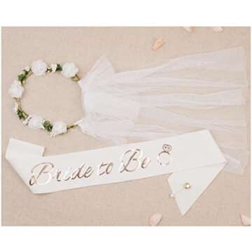 PapaKit Premium Bride to Be Party Sash, Floral Veil & Jewelry Pin Set, Glitter Sparkling Pearl White...