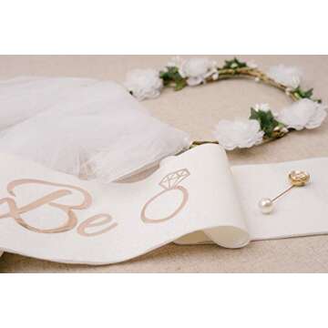 PapaKit Premium Bride to Be Party Sash, Floral Veil & Jewelry Pin Set, Glitter Sparkling Pearl White | Bachelorette Bridal Shower Engagement Wedding Party Favor Gift Decoration Supply