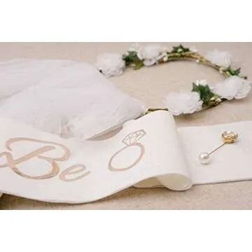 PapaKit Premium Bride to Be Party Sash, Floral Veil & Jewelry Pin Set, Glitter Sparkling Pearl White | Bachelorette Bridal Shower Engagement Wedding Party Favor Gift Decoration Supply