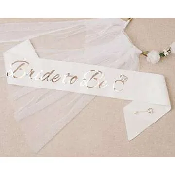 PapaKit Premium Bride to Be Party Sash, Floral Veil & Jewelry Pin Set, Glitter Sparkling Pearl White | Bachelorette Bridal Shower Engagement Wedding Party Favor Gift Decoration Supply