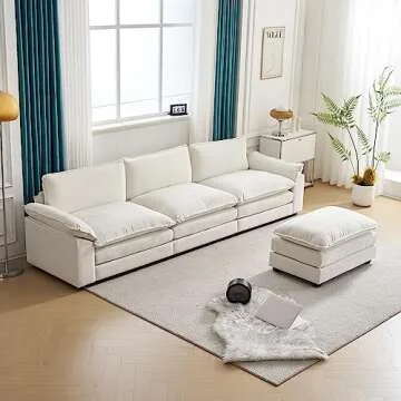 Karl home Sectional Sofa Modular Deep Seat Sofa Couch with Ottoman, Chenille Sofa Sleeper Comfy Upholstered Furniture for Living Room, Apartment, Studio, Office, (3-Seat & 1-Ottoman, Beige)