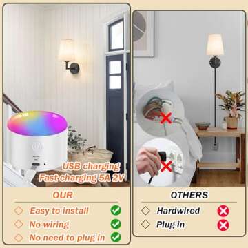 Wall Sconce Battery Operated Wall Light Fixure with Remote Control, Dimmable Battery Operated Wall Sconces Set Of Two, Indoor Wireless Wall Mounted Lamp with Rechargable Bulb For Bedroom Living Room (
