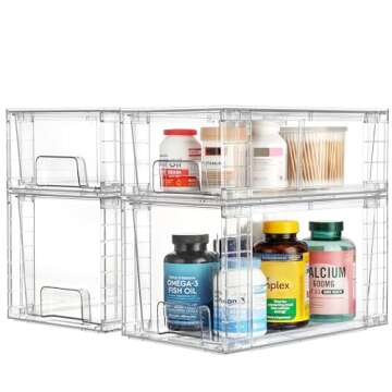 Vtopmart 4 Pack Clear Stackable Storage Drawers,Easy to Assemble Bathroom Organizers and Storage with handles,Plastic Drawers for Kitchen Pantry,Cabinet,Under Sink Organization