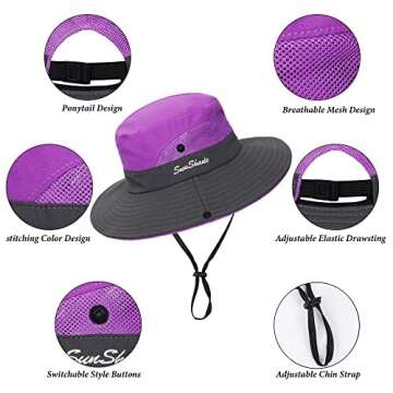 Women's Outdoor UV-Protection-Foldable Sun-Hats Mesh Wide-Brim Beach Fishing Hat with Ponytail-Hole ...