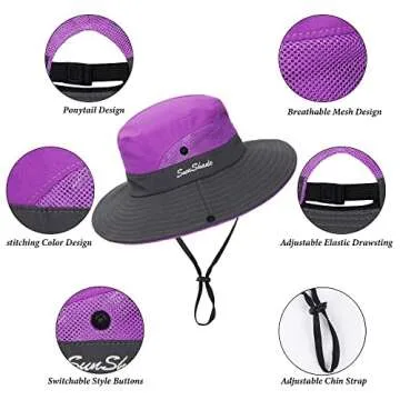 Women's Outdoor UV-Protection-Foldable Sun-Hats Mesh Wide-Brim Beach Fishing Hat with Ponytail-Hole ...