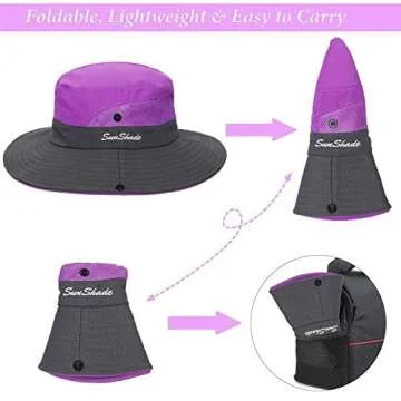 Women's Outdoor UV-Protection-Foldable Sun-Hats Mesh Wide-Brim Beach Fishing Hat with Ponytail-Hole Purple