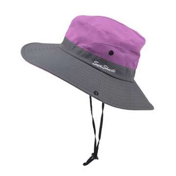 Women's Outdoor UV-Protection-Foldable Sun-Hats Mesh Wide-Brim Beach Fishing Hat with Ponytail-Hole Purple