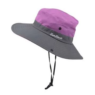 Women's Outdoor UV-Protection-Foldable Sun-Hats Mesh Wide-Brim Beach Fishing Hat with Ponytail-Hole Purple