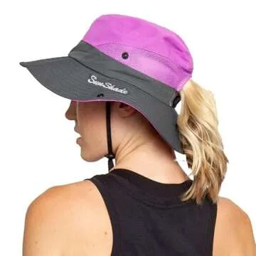 Women's Outdoor UV-Protection-Foldable Sun-Hats Mesh Wide-Brim Beach Fishing Hat with Ponytail-Hole Purple