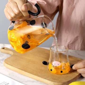 Angoily Cartoon Cow Clear Glass Bedside Night Water Set with Tumbler, Cute Cow Glass Water Pitcher w...