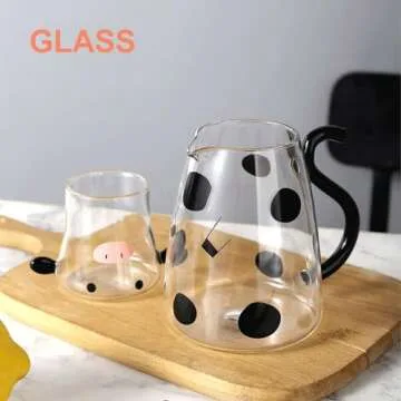 Angoily Cartoon Cow Clear Glass Bedside Night Water Set with Tumbler, Cute Cow Glass Water Pitcher with Lid, Glass Water Pitcher and Cup for Water, Ice Tea, Lemonade, Juice (500ml)