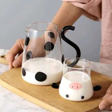 Angoily Cartoon Cow Clear Glass Bedside Night Water Set with Tumbler, Cute Cow Glass Water Pitcher with Lid, Glass Water Pitcher and Cup for Water, Ice Tea, Lemonade, Juice (500ml)