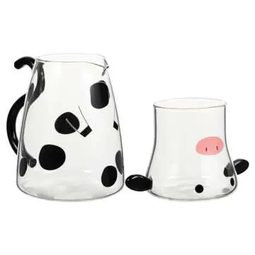 Angoily Cartoon Cow Clear Glass Bedside Night Water Set with Tumbler, Cute Cow Glass Water Pitcher with Lid, Glass Water Pitcher and Cup for Water, Ice Tea, Lemonade, Juice (500ml)