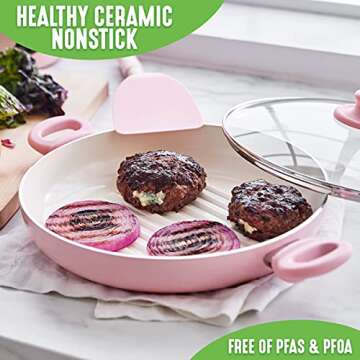 GreenLife 11” Healthy Ceramic Nonstick Grill Pan with 2 Handles and Lid, PFAS-Free, Rivetless Inte...