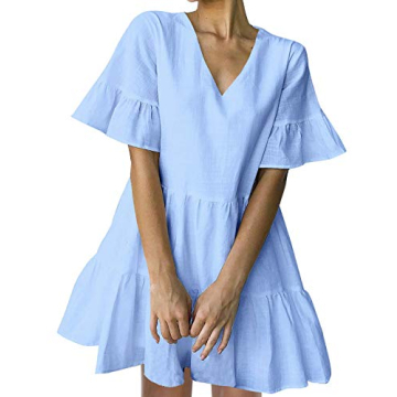 FancyInn Women’s Sweet Shift Tunic Dress Short Bell Sleeve V Neck Causal Swing Red Ruffle Mini Dre...