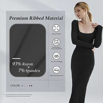 Relety Women's Bodycon Maxi Dresses Ribbed Long Sleeve Lounge Long Dress Square Neck Formal Casual D...