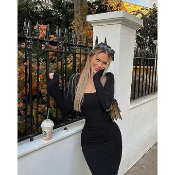 Relety Women's Bodycon Maxi Dresses Ribbed Long Sleeve Lounge Long Dress Square Neck Formal Casual Dresses for Women Black S