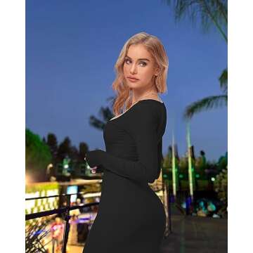 Relety Women's Bodycon Maxi Dresses Ribbed Long Sleeve Lounge Long Dress Square Neck Formal Casual Dresses for Women Black S
