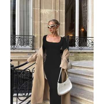 Relety Women's Bodycon Maxi Dresses Ribbed Long Sleeve Lounge Long Dress Square Neck Formal Casual Dresses for Women Black S