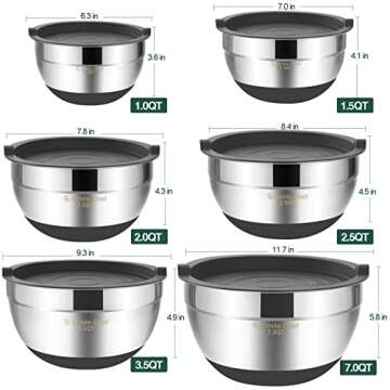 Umite Chef Mixing Bowls with Airtight Lids，6 piece Stainless Steel Metal Nesting Storage Bowls, Non-Slip Bottoms Size 7, 3.5, 2.5, 2.0,1.5, 1QT, Great for Mixing & Serving(Grey)