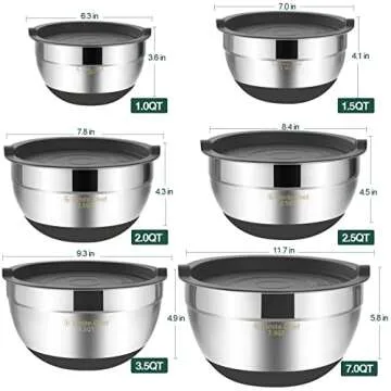 Umite Chef Mixing Bowls with Airtight Lids，6 piece Stainless Steel Metal Nesting Storage Bowls, Non-Slip Bottoms Size 7, 3.5, 2.5, 2.0,1.5, 1QT, Great for Mixing & Serving(Grey)