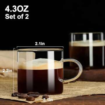 gegewawa Espresso Cups Set of 2, Expresso Shots Cup 4.3 OZ, High Borosilicate Espresso Shot Glass with Handle, Espresso Machine Accessories