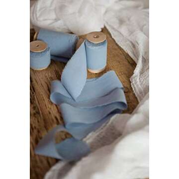 Dusty blue 2 inch wide 5 yds frayed edges handmade cotton ribbon hand dyed for Rustic wedding invita...