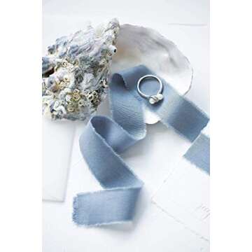 Dusty blue 2 inch wide 5 yds frayed edges handmade cotton ribbon hand dyed for Rustic wedding invitation ties favors gift wrapping Party decor bows Florist Bouquet supplies Flat lay props