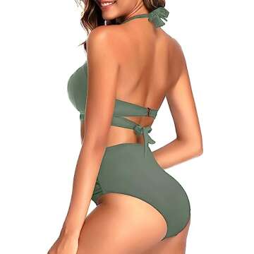 Tempt Me Women's Vintage Swimsuits Olive Green Retro Halter Ruched High Waist Bikini with Bottom L